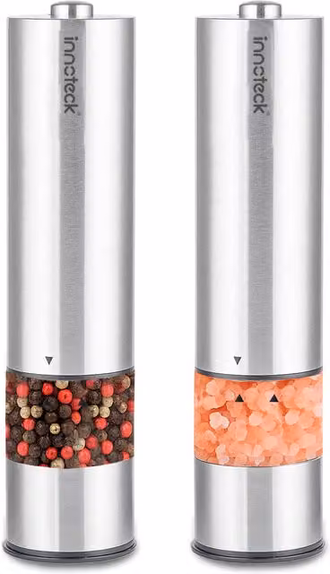 Innoteck Electric One Touch Salt and Pepper Grinders, Silver Stainless Steel and Ceramic, Battery Operated