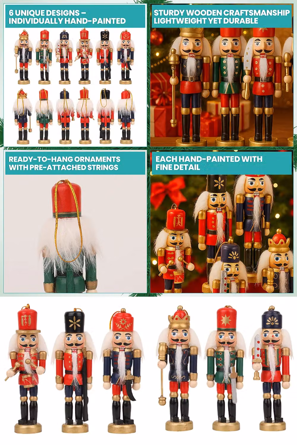 Neel Blue Vintage Wooden Nutcracker Soldier Ornaments, 6 Piece Set, Height: 13 cm – 4