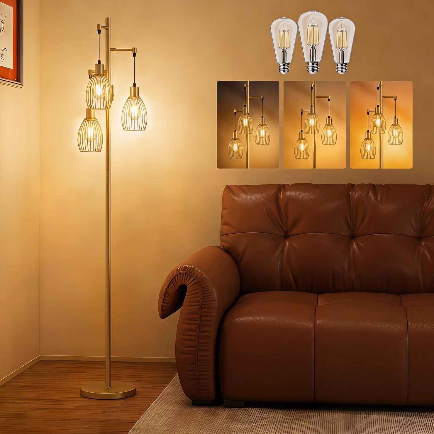 HOMCOM Industrial Dimmable 3-Light Floor Lamp with Steel Wire Cage Lampshades, Gold/Brass, Height: 170.5 cm – 2