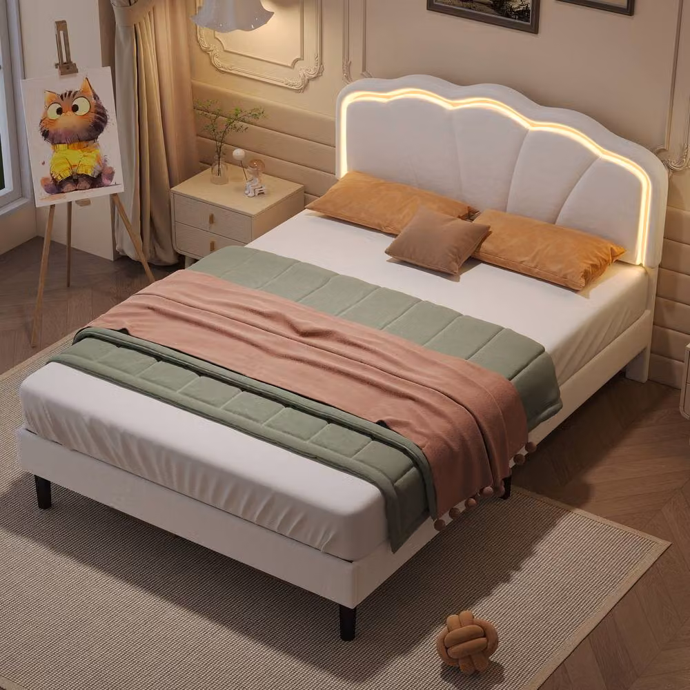 BTM White Velvet Upholstered Single Bed with LED Adjustable Shell Shape Headboard and Under-Bed Lighting, W/D/H: 90 x 200 cm – 2