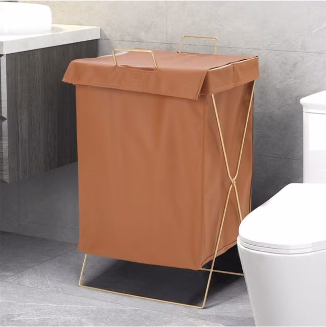 Living and Home Collapsible Waterproof PU Leather Laundry Hamper with Metal Frame, Brown