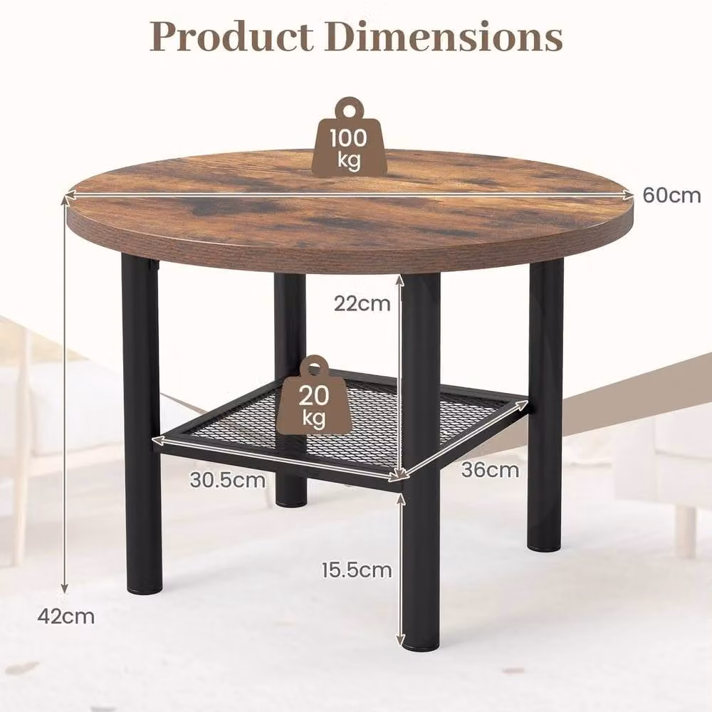 KORVIXA Brown 2-Tier Round Farmhouse Wood and Metal Cocktail Table, W/D/H: 100 x 100 x 100 cm – 2