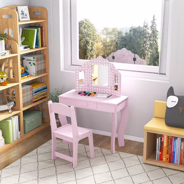 AIYAPLAY Kids Dressing Table Set with Tri-Fold Mirror in Pink