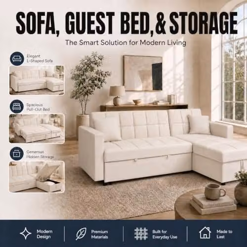 Bravich Milo 3 Seater Velvet Corner Sofa Bed with Storage in Cream, L-Shaped Reversible Pull Out Guest Bed – 6