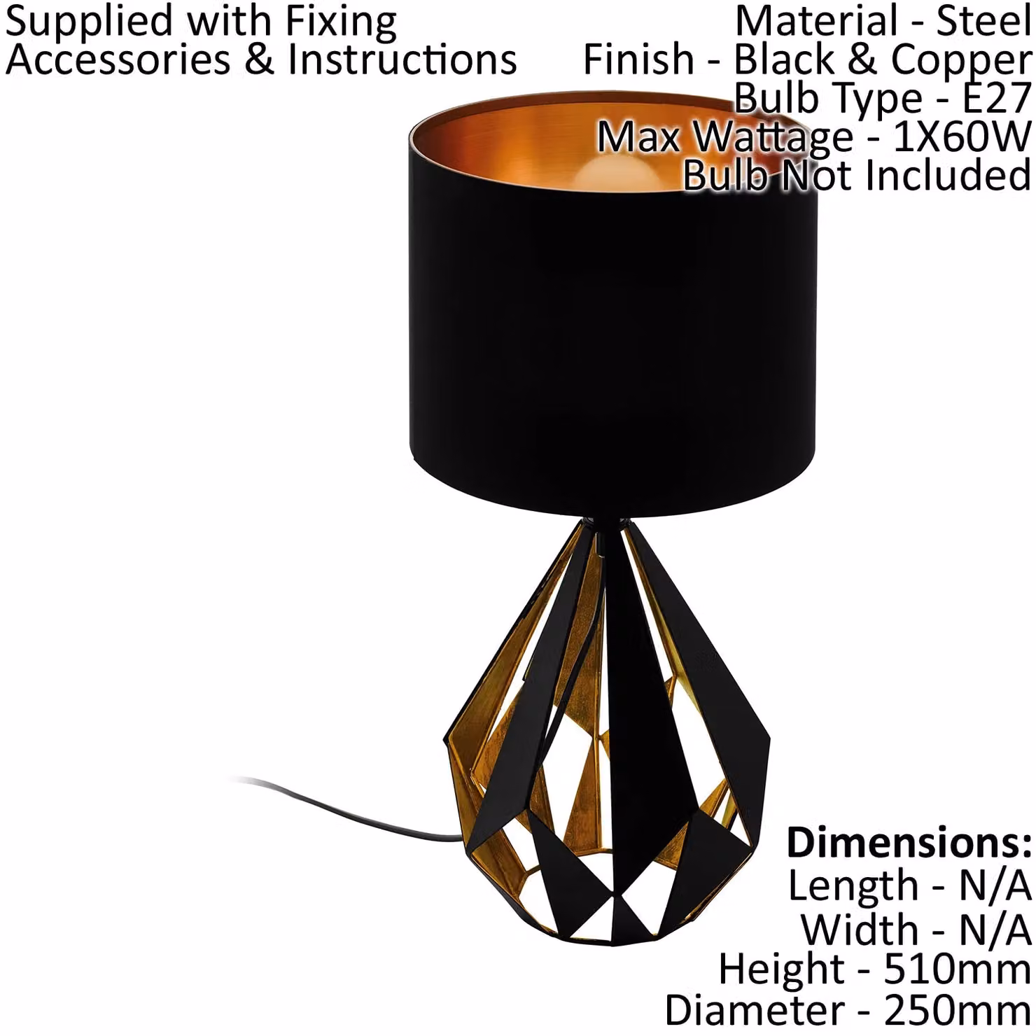 Loops Modern Table Lamp with Black Fabric Shade and Copper Geometric Metal Base, E27 60W Bulb Included – 2