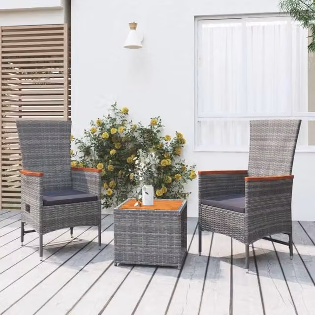 Berkfield Home 3 Piece Grey Poly Rattan and Acacia Wood Garden Lounge Set with Cushions