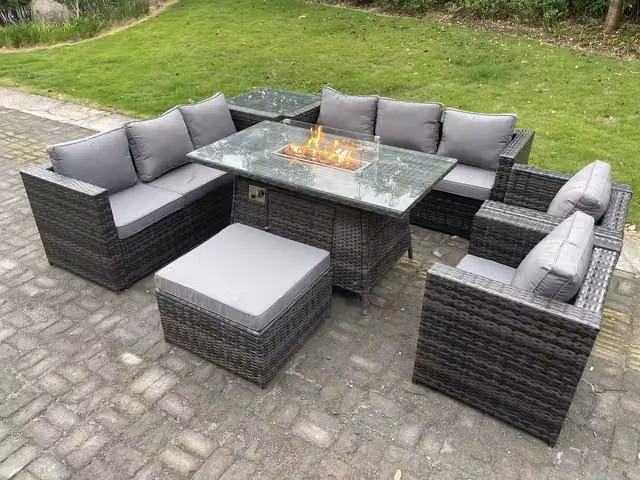 Fimous 9 Seater Outdoor Rattan Gas Fire Pit Dining Set with Lounge Chairs and Large Footstool in Dark Grey – 2