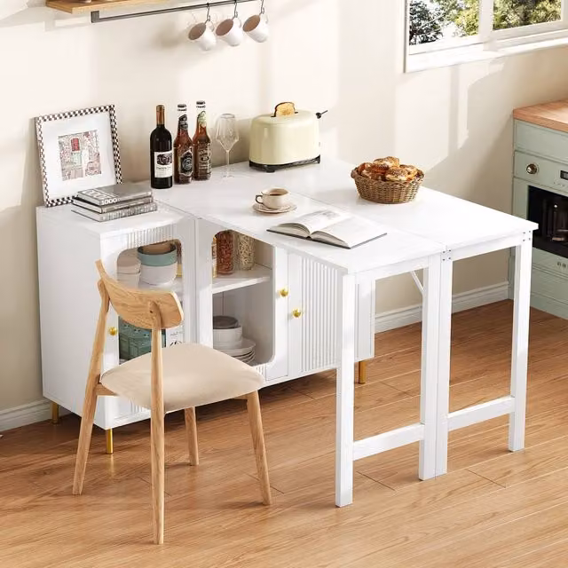 Matteo Modern Multifunctional Extendable Bar and Dining Cabinet in White and Gold, W: 122.0 cm, H: 80.0 cm – 1
