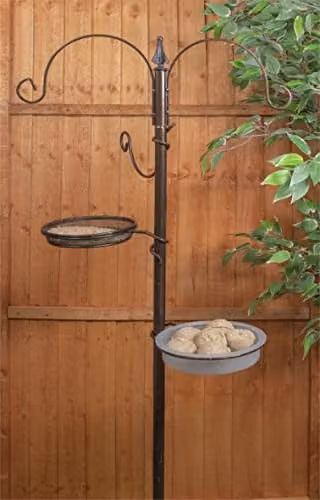 St Helens Home & Garden Bird Care Station with Feeder, Bath Bowls and Ground Stake in Brown and Black