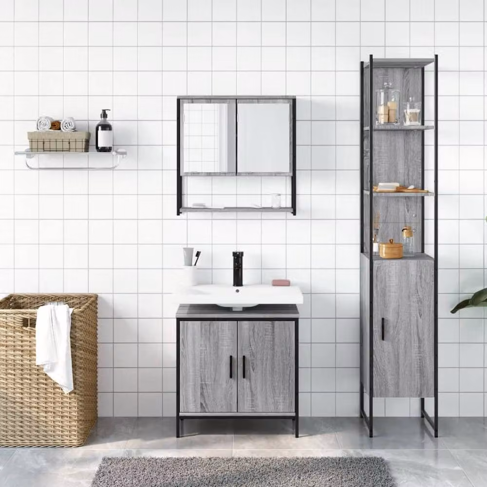 Berkfield Home 3 Piece Grey Bathroom Furniture Set with Mirror Cabinet and Vanity Unit – 2