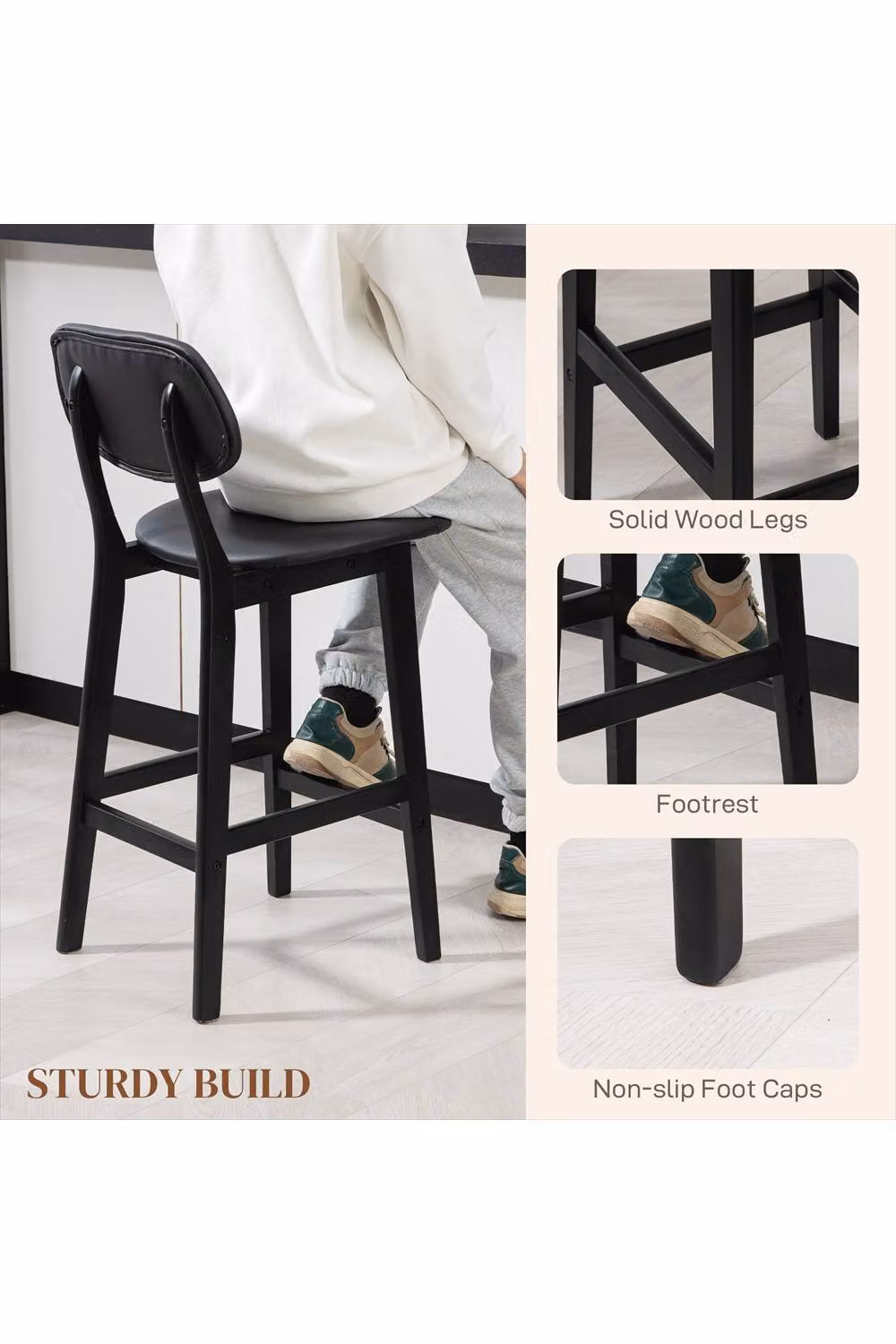 ERGOVEXA Set of Two Classic Black Wooden Bar Stools with Synthetic Leather Upholstery – 3