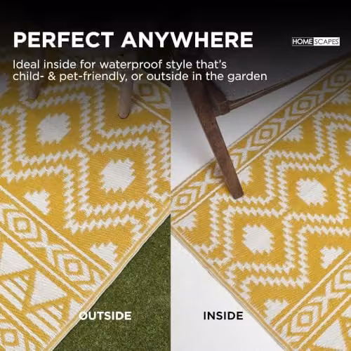 Homescapes Anna Luxury Outdoor Runner Rug, White and Yellow Geometric Ethnic Design, W: 75 cm, L: 200 cm – 3