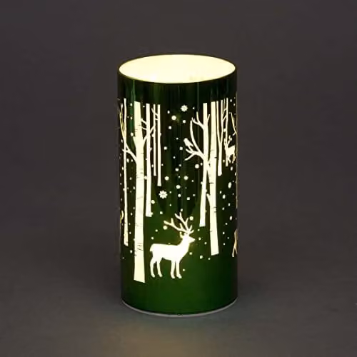 Shatchi Christmas Decorated Glass Cylinder Vase Table Lamp with Deer Scene in Green, H 18 cm x W 9 cm x D 9 cm – 1
