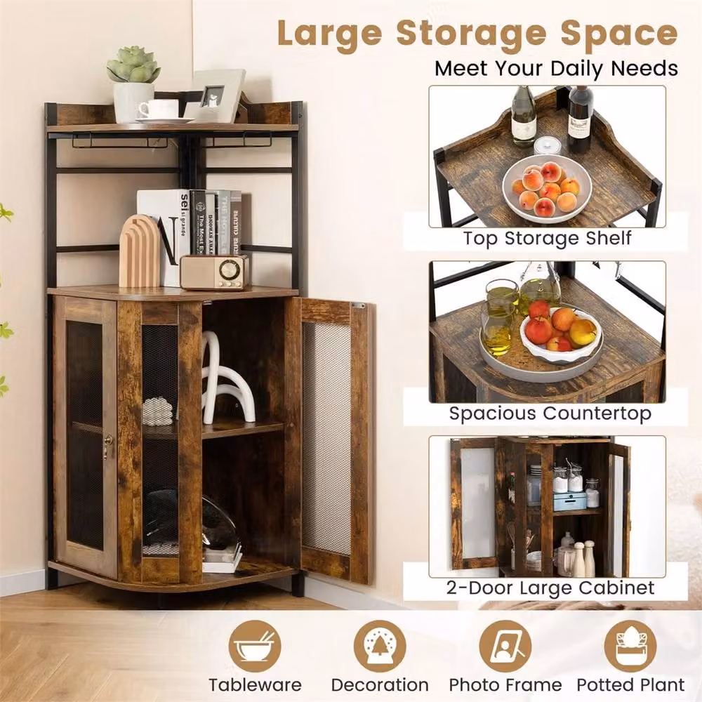 Nordara Industrial Corner Bar Cabinet in Brown with Glass Doors and Internal Shelves – 3