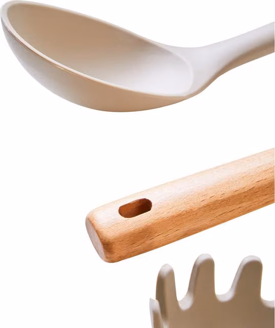 Orsina 3-Piece Kitchen Tool Set in Grey and White with Heat-Resistant Silicone and Wood Cooking Spoons
