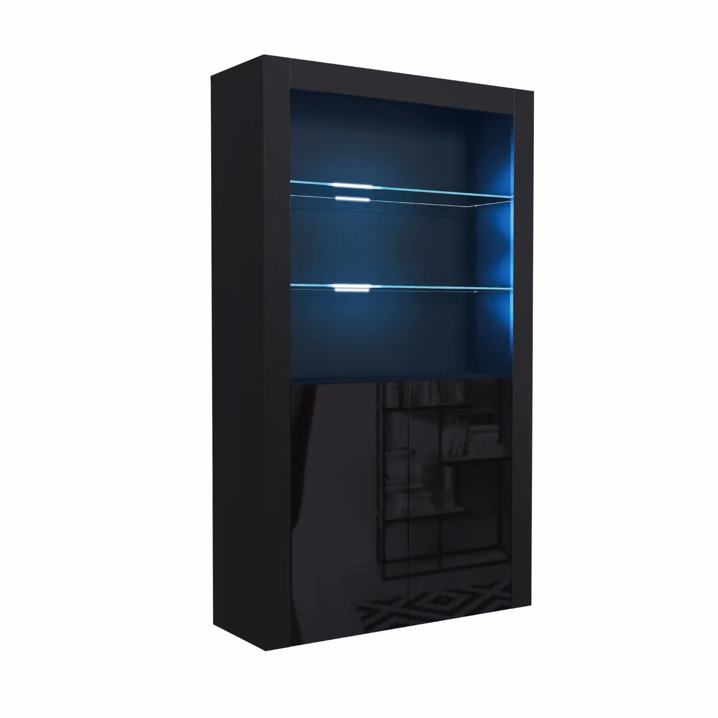Mex Furniture LTD Modern Black Glossy Display Cabinet with LED Lights and Glass Doors, Height: 170 cm – 2