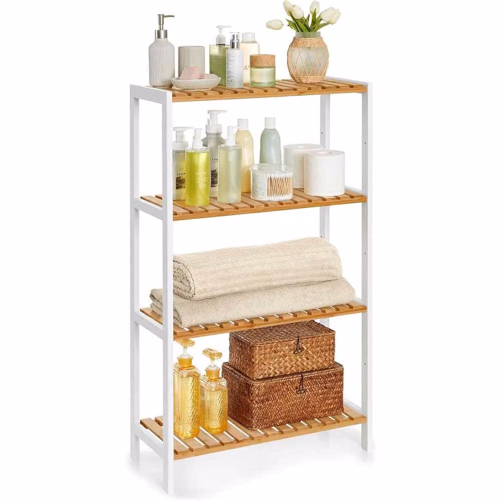 The Bazaarist 4 Tier Bamboo Freestanding Storage Shelf with Adjustable Shelves, White & Natural – 2