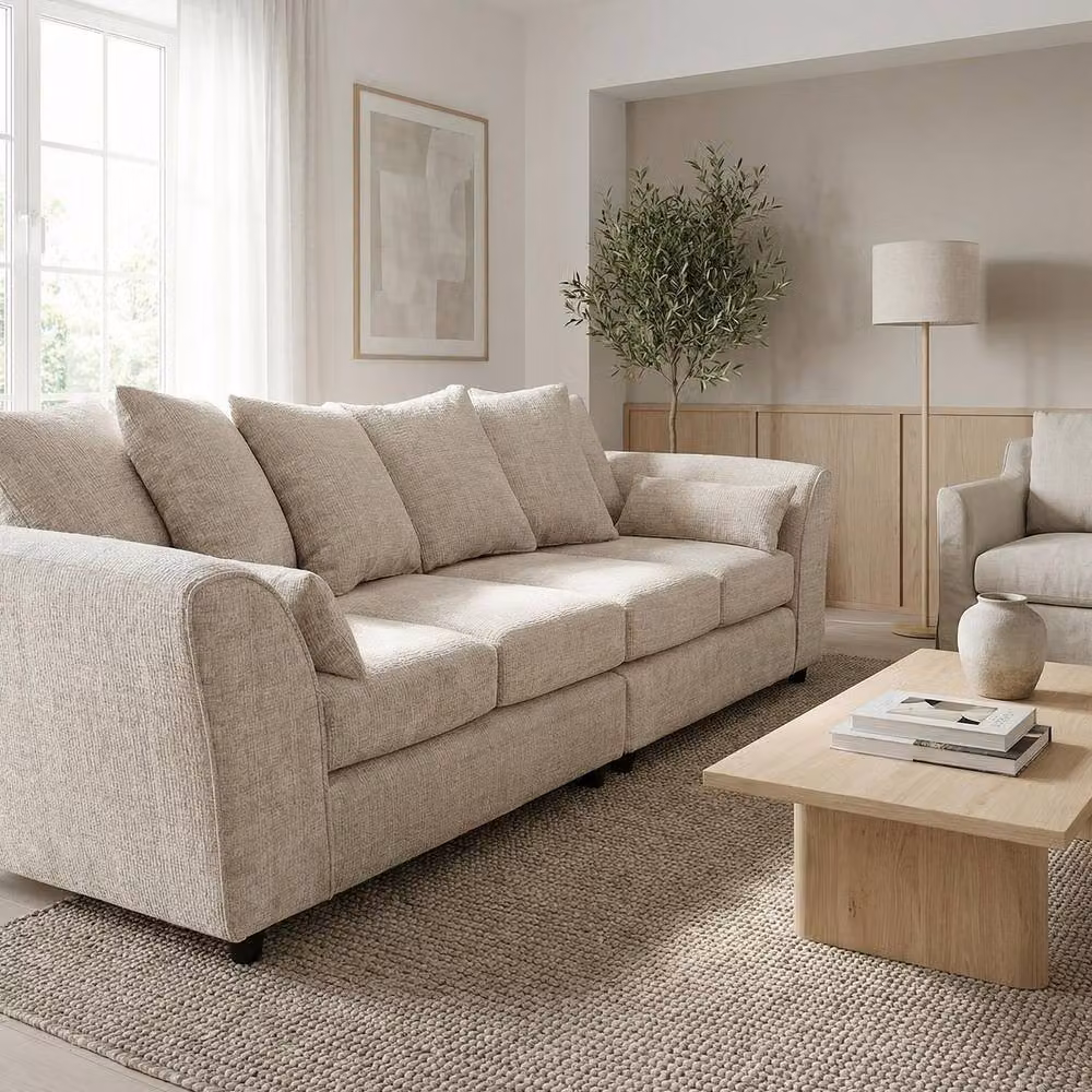 Abakus Direct Jumbo Chenille 4 Seater Sofa in Beige with Deep Seats and Angular Arms – 2