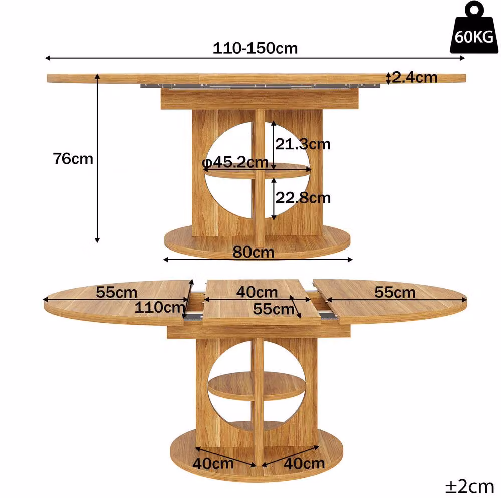 STILVORA Extendable Round Dining Table in Brown, W/D/H: 110 x 110 x 76 cm – 3