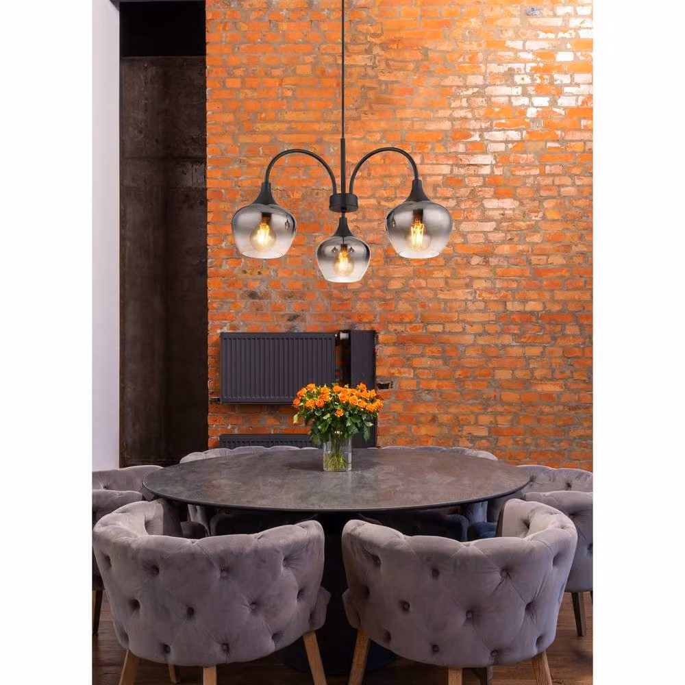Globo Lighting Modern 3-Bulb Pendant Light with Black Metal and Smoke Glass Shades, E27, Height Adjustable – 6