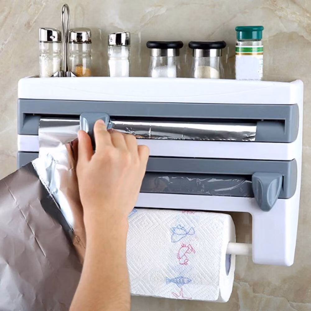 PAWNORA 4 in 1 Wall Mounted Kitchen Roll, Cling Film and Foil Dispenser in Grey – 4