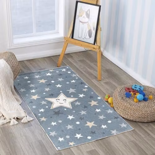 Livabliss Stars Washable Kids Rug, Grey and Blue, W/D/H: 80 x 150 cm – 1
