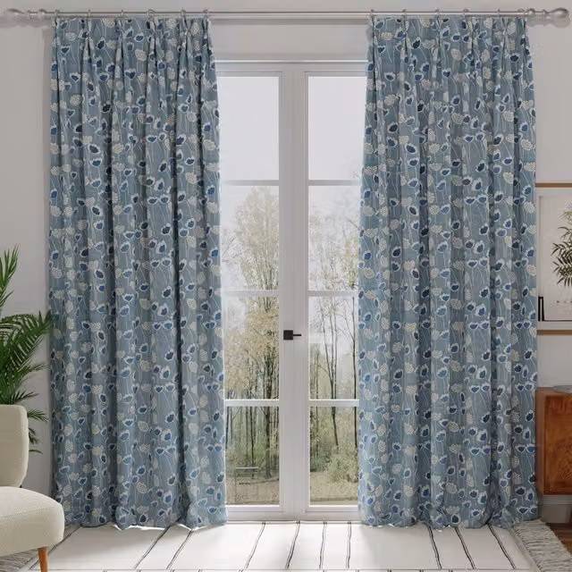 Terrys Blue Floral Cotton Blackout Fabric Panel Curtain