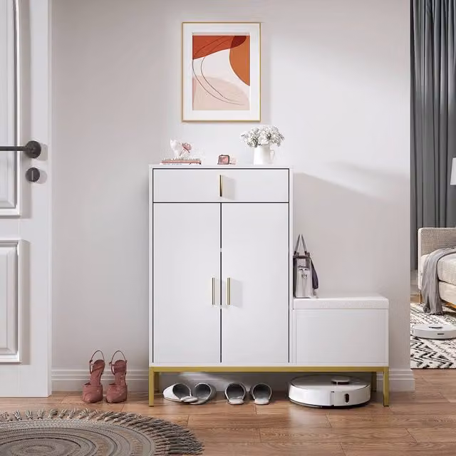 KEEPREAPER Modern L-Shaped Corner Shoe Storage Cabinet with Bench in White