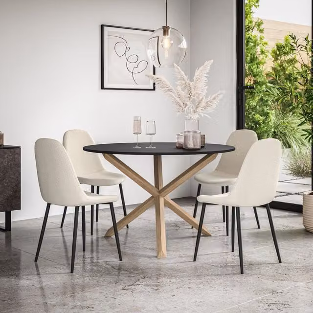 More4Homes Malvern Round Dining Table and 4 Maya Boucle Dining Chairs Set, Black Table Top with Solid Oak Legs and Ivory Chairs, Diameter: 120 cm, Height: 75 cm
