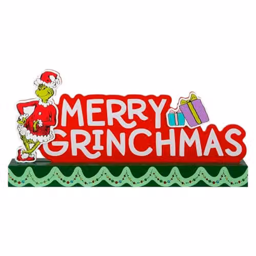 VFM e-Store Grinch Christmas Sign Decoration, Green and Multicolour Wood Tabletop Ornament, H 30 cm x W 15 cm – 4