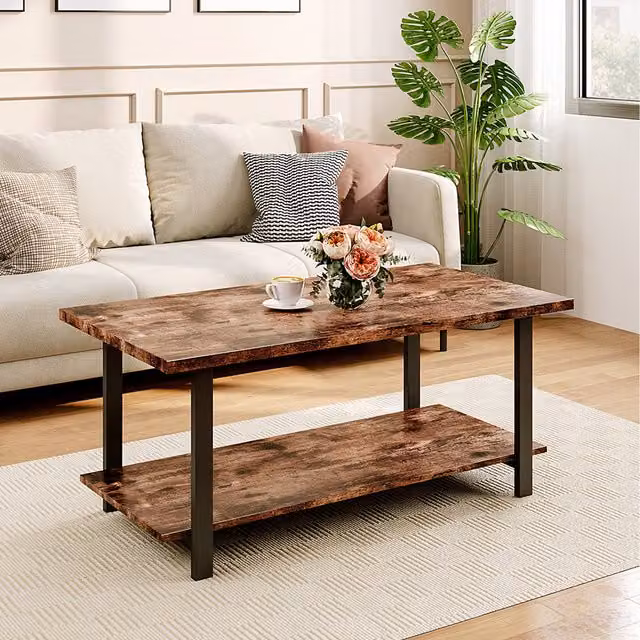 Komore Industrial Rectangular Wood Coffee Table with Storage Shelf in Brown and Black