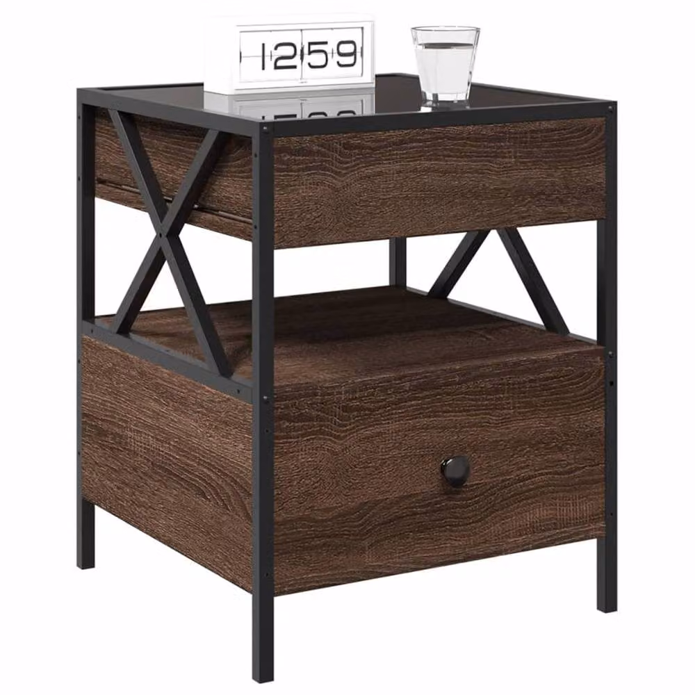 Berkfield Home Infinity LED Bedside Table in Brown Oak with Mirror Top, W/D/H: 40 x 40 x 51 cm – 2