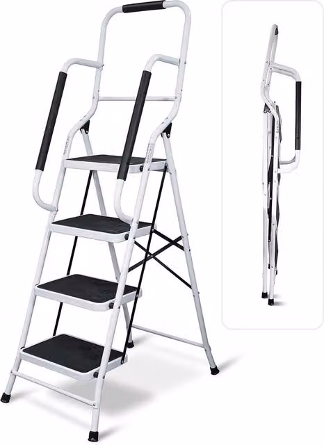 mysmartbuy 4 Step Foldable Safety Stepladder with Non-Slip Treads and Rubber Feet in White