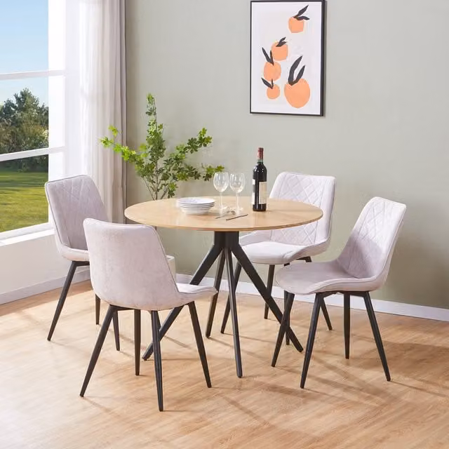 Core Products Aspen Round Oak Dining Set with 4 Beige Fabric Chairs