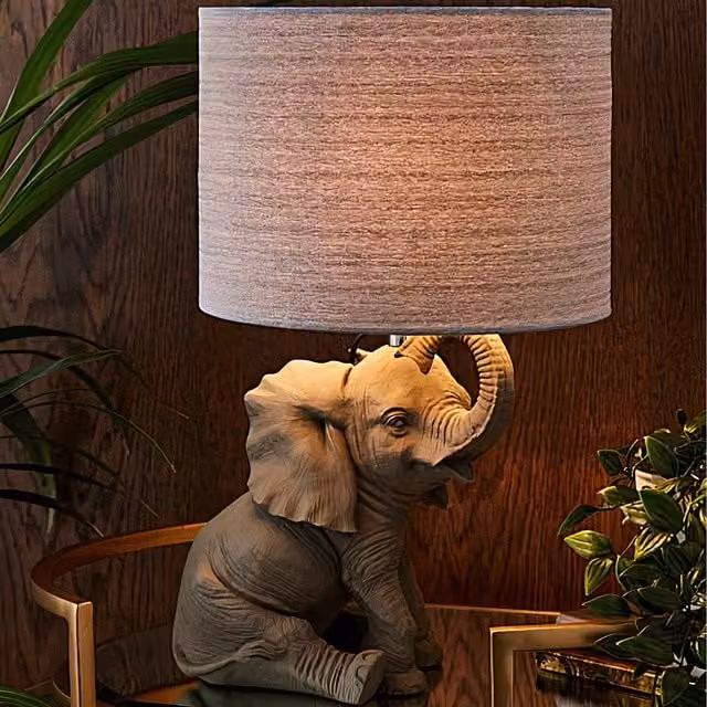 K Living Hathi Elephant Table Lamp with Grey Fabric Cylinder Lampshade