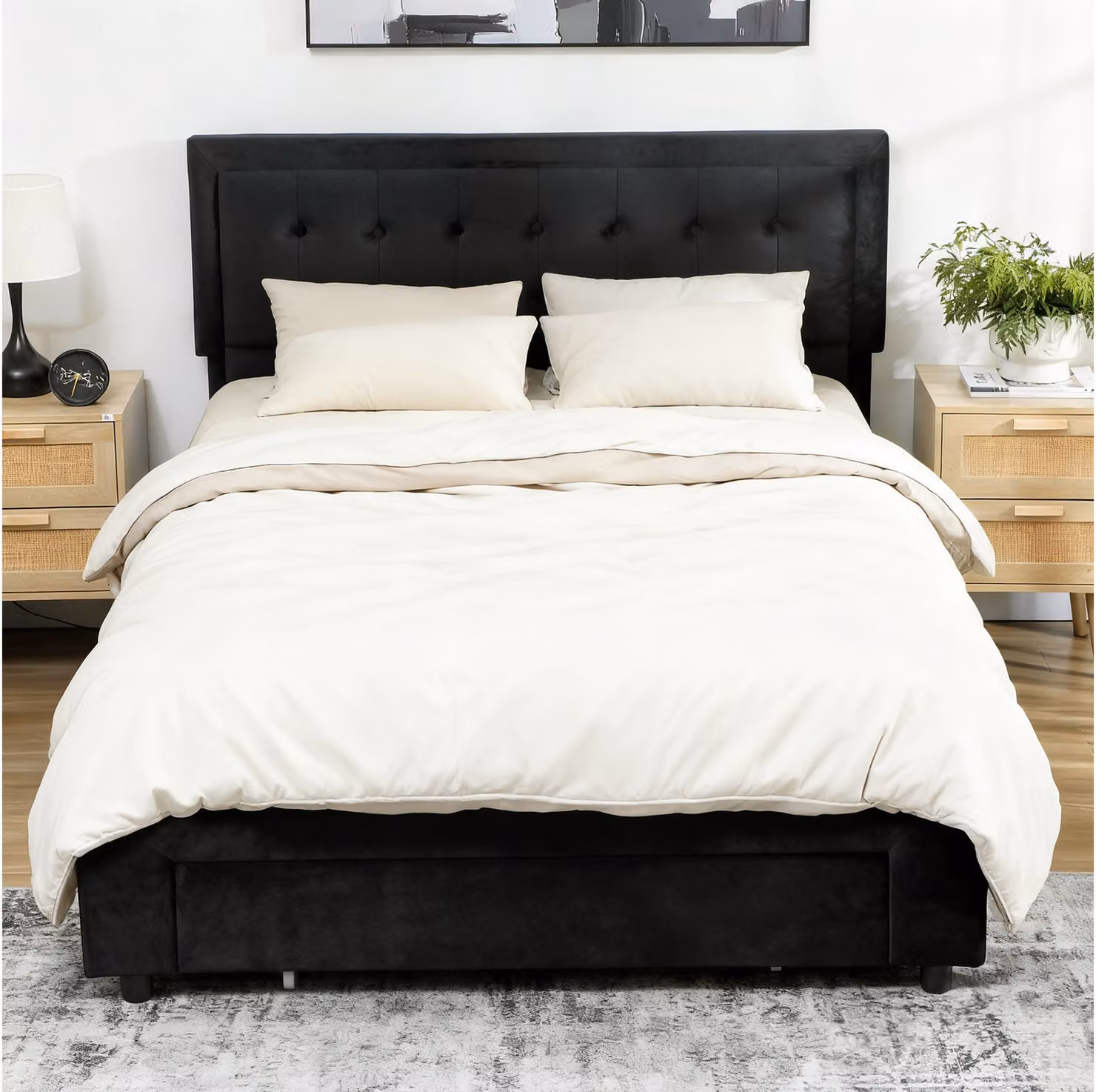 HOMCOM King Size Velvet Ottoman Bed Frame with Lift Up Base and Front Drawer, Black, W/D/H: 180 x 200 x 157.5 cm – 2