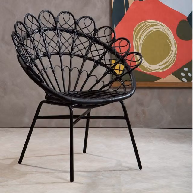 Orsina Black Rattan Round Peacock Chair with Metal Legs – 1