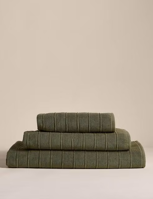 M&S Egyptian Cotton Striped Towel in Beige and Green