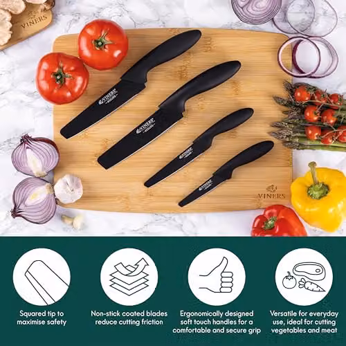 Viners Assure 4 Piece Black Knife Set with Stainless Steel Blades, including Chef, Santoku, Utility and Paring Knives – 3