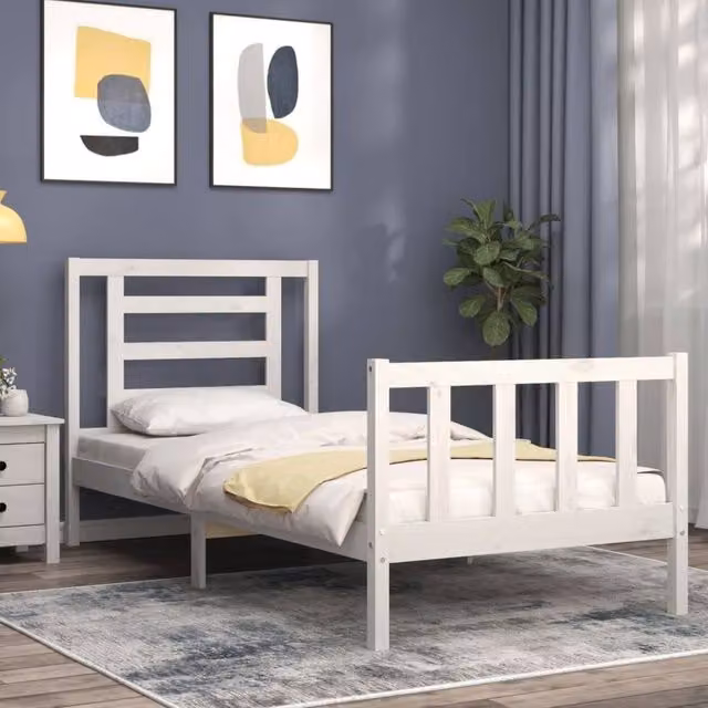 Berkfield Home Beautiful Single Solid Wood Bed Frame with Headboard in White, W/D/H: 90 x 190 cm – 1
