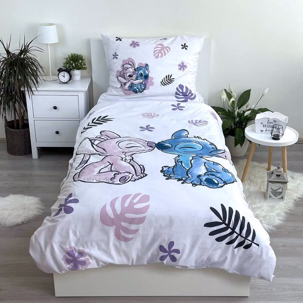 Lilo & Stitch Reversible Floral Cotton Duvet Cover and Pillowcase Set in White, W/D/H: 90 x 200 cm – 2