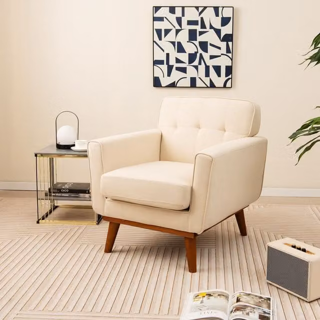 Costway Upholstered Linen Fabric Armchair with Button Tufting in Beige
