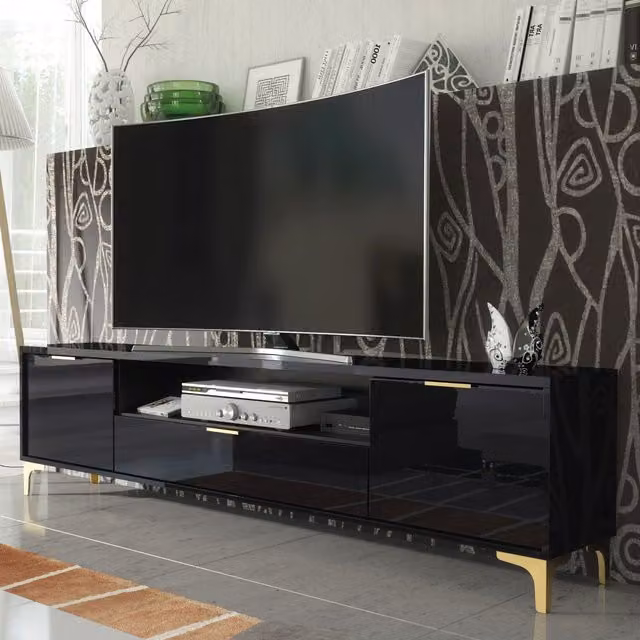 Mex Furniture LTD Lux High Gloss TV Unit in Black, W: 200 cm, D: 35 cm, H: 50 cm – 1
