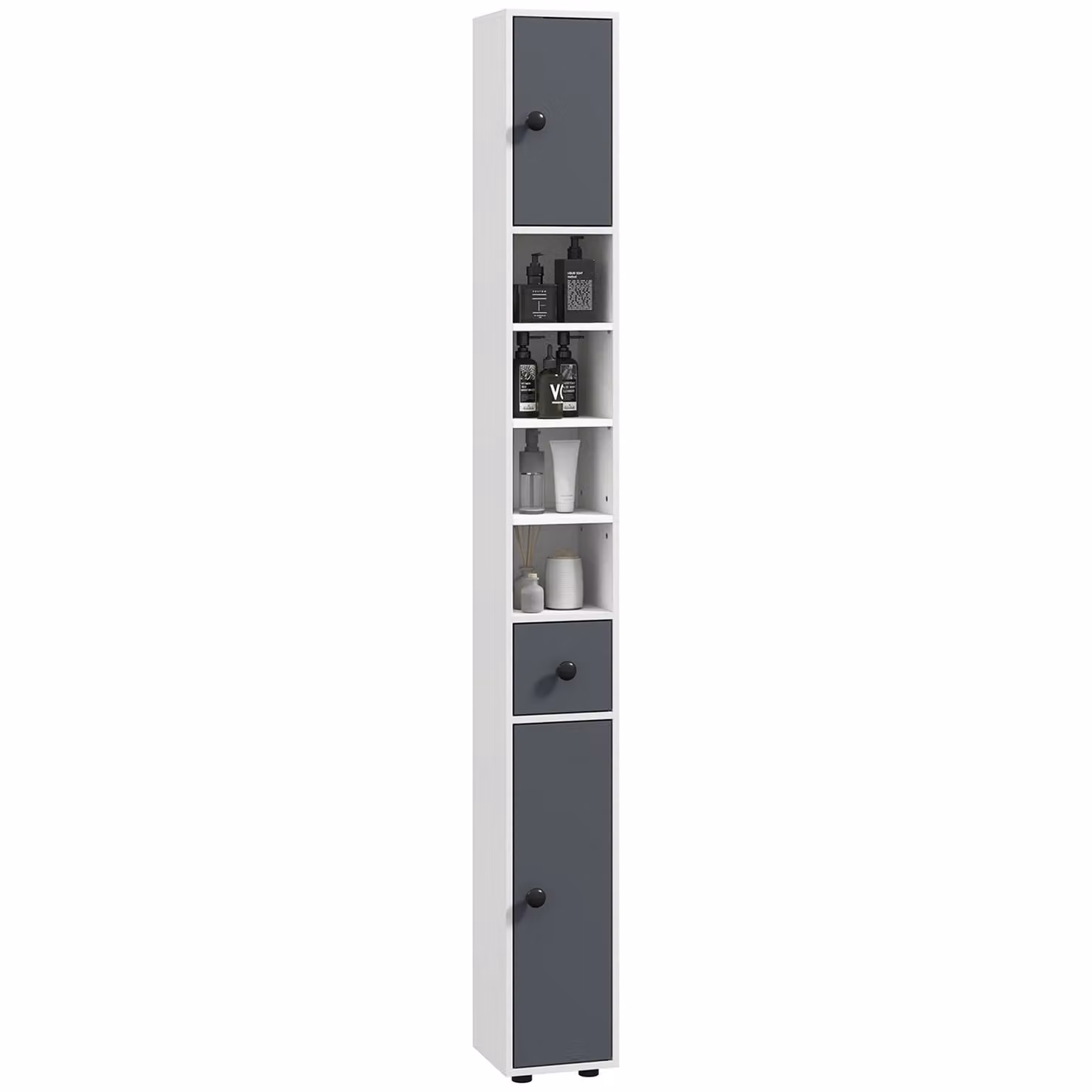 Kleankin Slim Freestanding Bathroom Cabinet with Internal Shelves and Hinged Doors in Grey and White – 2