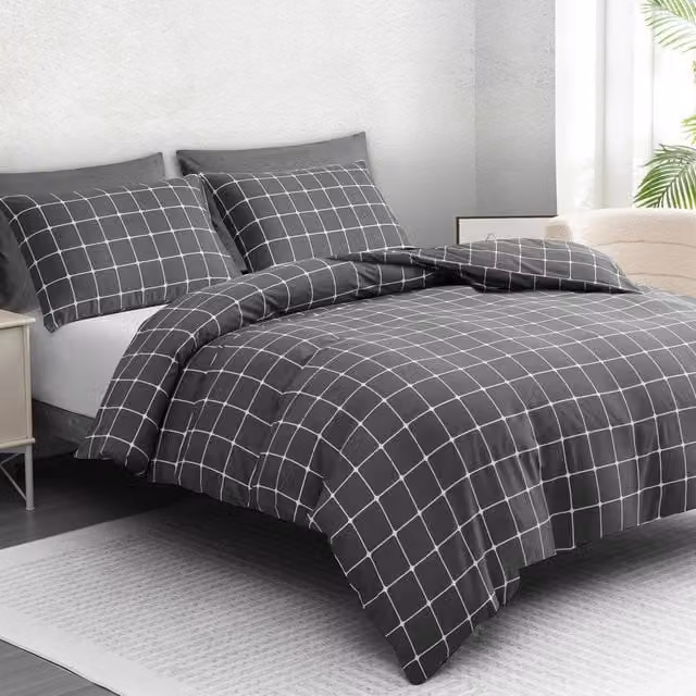 Lazzaro Home Double Reversible Checked Microfibre Duvet Cover and Pillowcase Set in Anthracite Grey, W: 140 cm, H: 200 cm