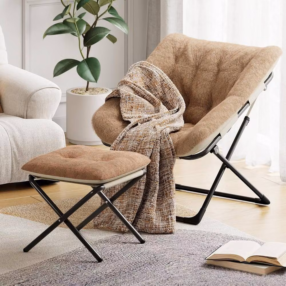 London Boutique Brown Folding Saucer Lounge Chair with Ottoman and Metal Frame – 6
