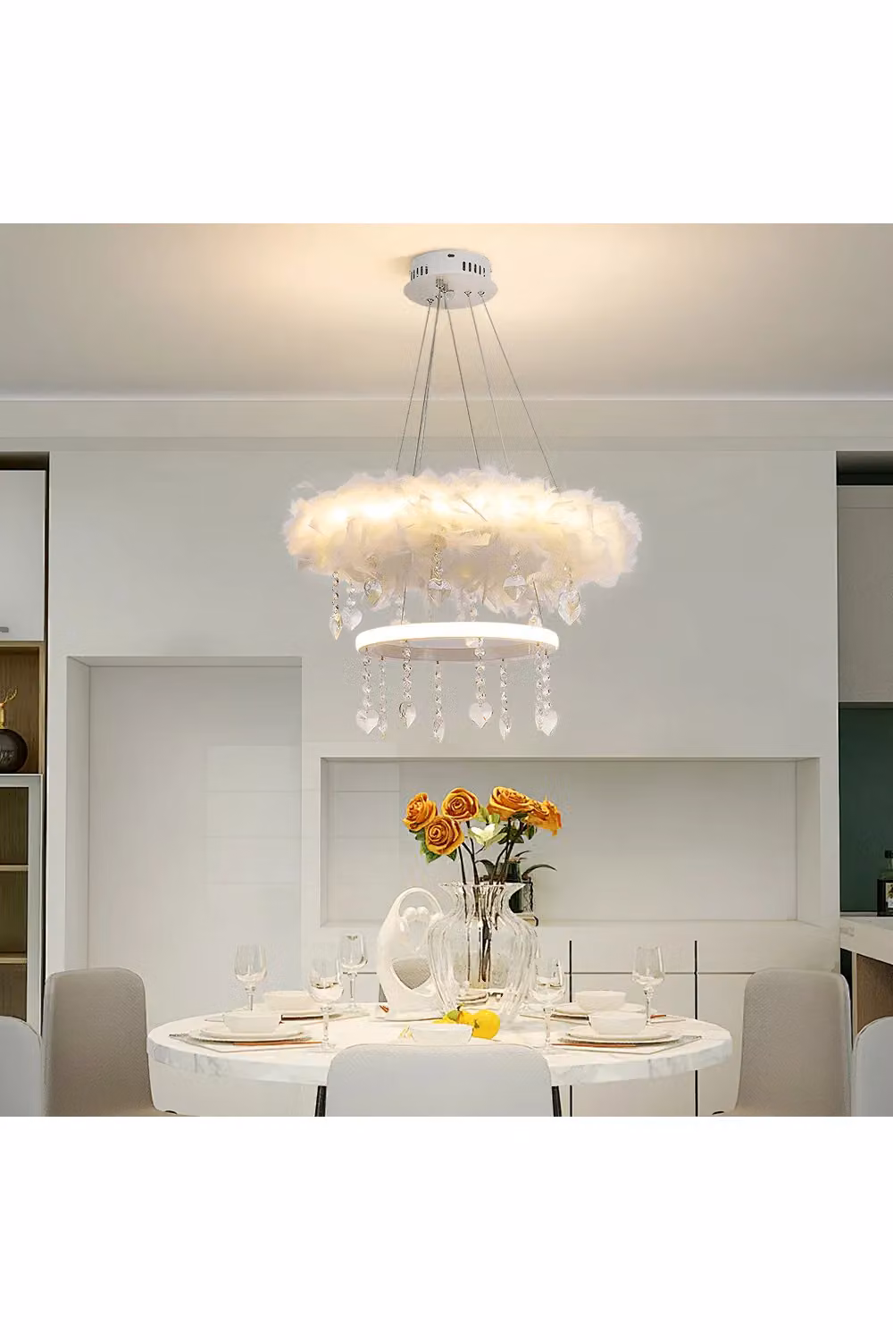 Living and Home White Double-Layer Feather and Crystal LED Pendant Chandelier – 2