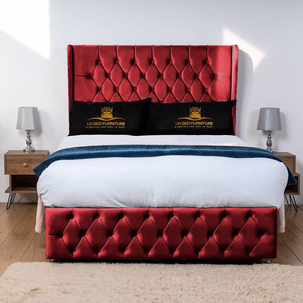 Luxor Living Luxor Wingback Divan Bed with 54 Inch Headboard and 2 Foot End Drawers in Red Velvet, Small Double, W/D/H: 120 x 200 x 135 cm – 2