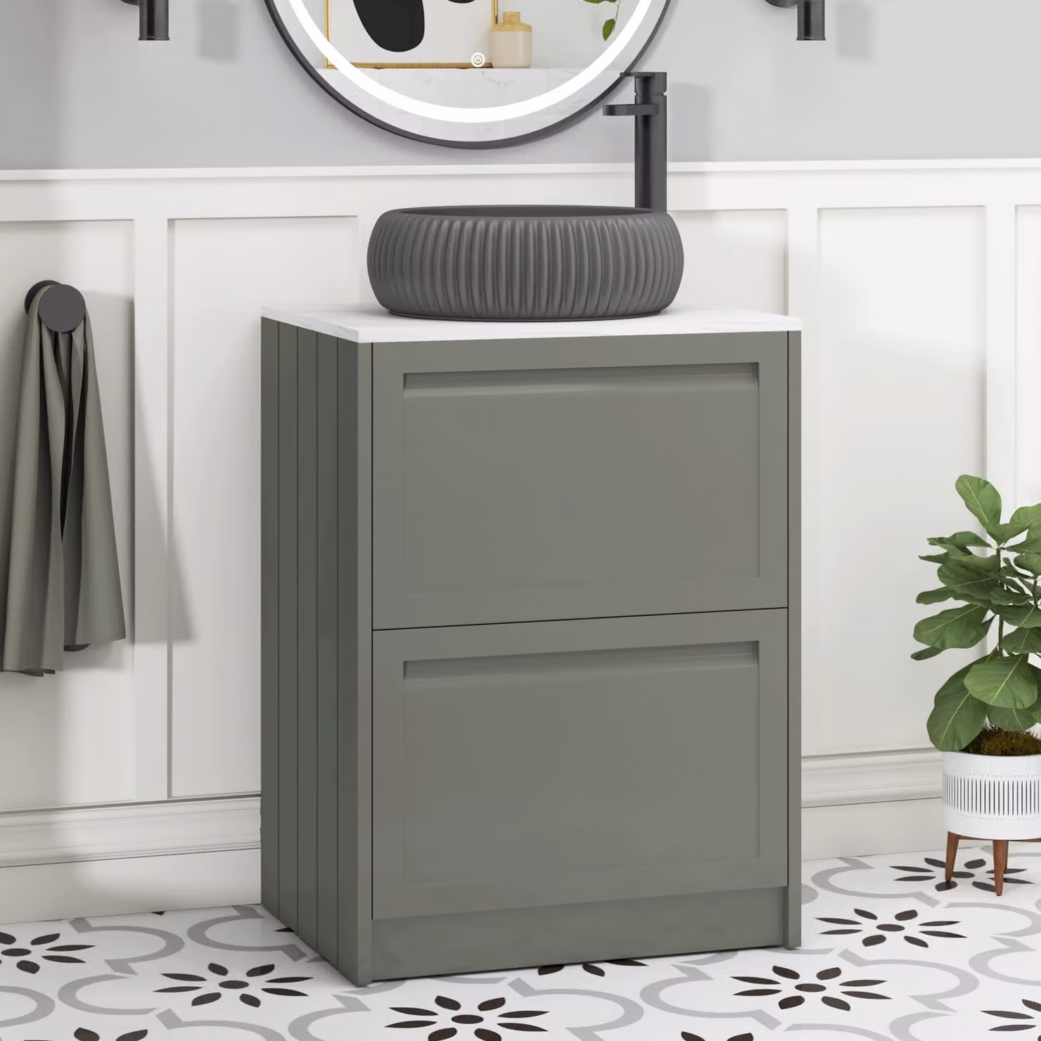 Royal Bathrooms Elmore 600mm Matt Green Floor Standing Countertop Vanity Unit with 2 Drawers and Milan Black Basin