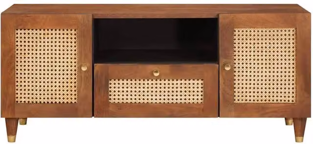 Berkfield Mid Century Home Media Storage Cabinet in Brown Mango Wood and Rattan, W/D/H: 105 x 33.5 x 46 cm – 1